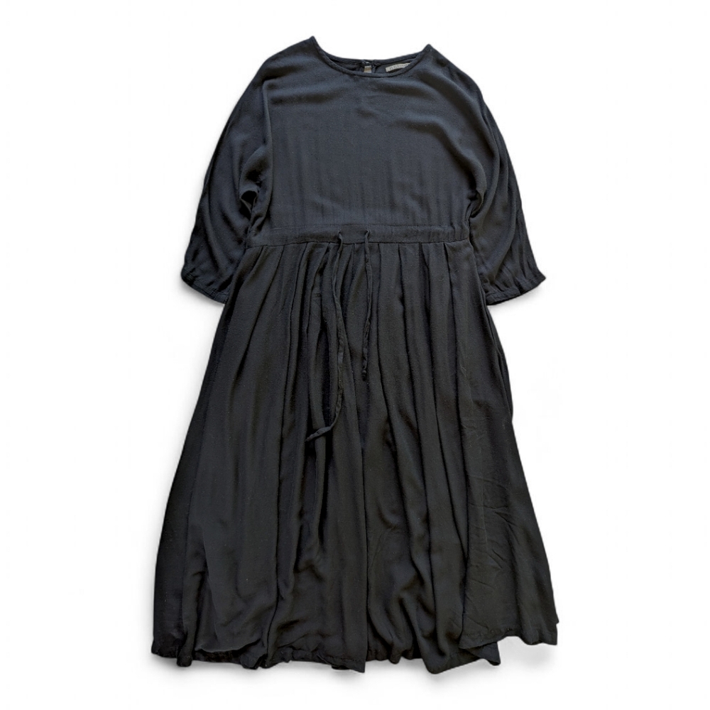 Black Crane Wool Blend Box Pleated Maxi Dress XS | Drawstring Waist Oversized - Picture 5 of 12